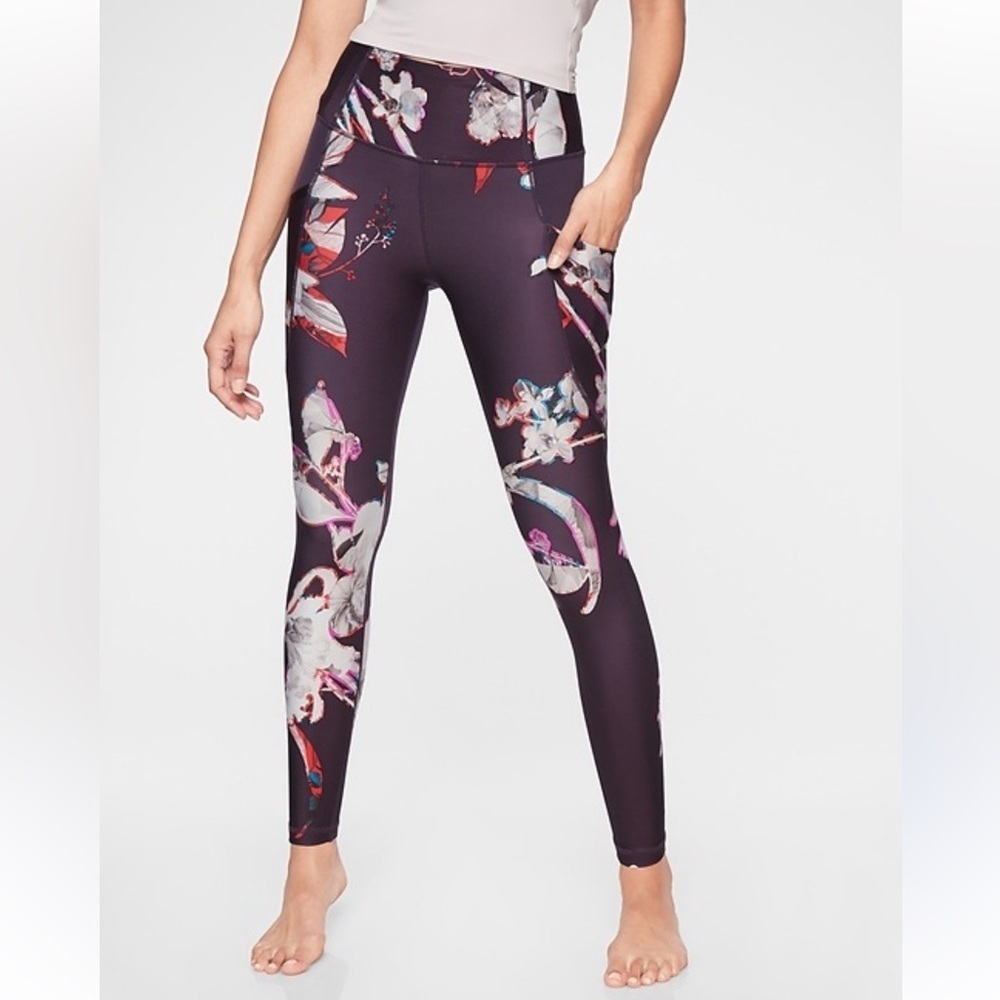 Women’s Athleta dark purple floral print high waist leggings Small
